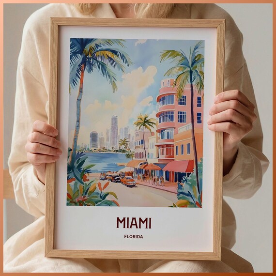 Miami Florida Ocean Drive Art Deco Beach Watercolor Travel Poster