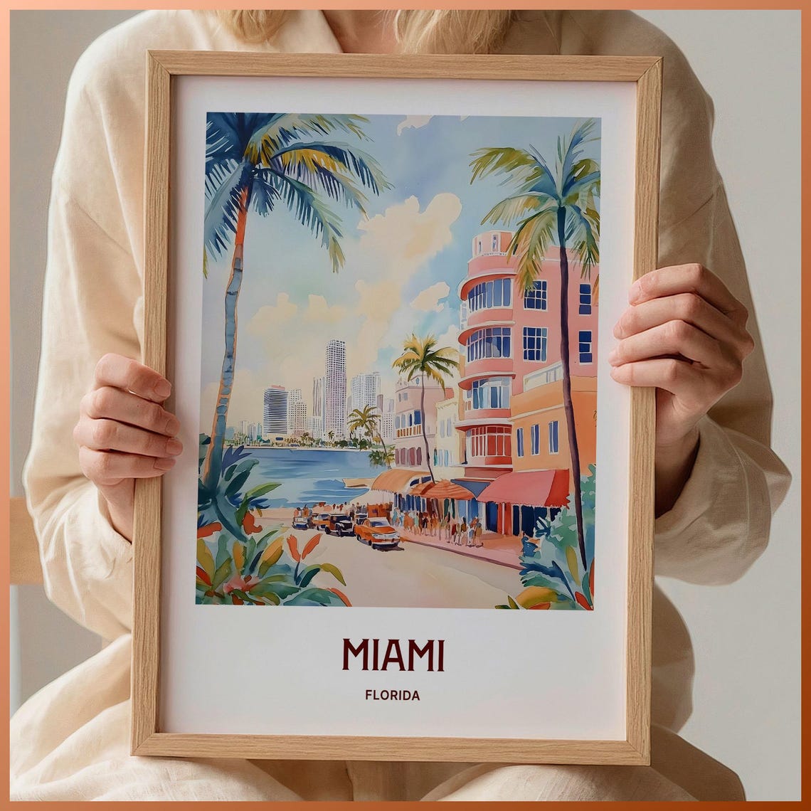 Miami Florida Ocean Drive Art Deco Beach Watercolor Travel Poster