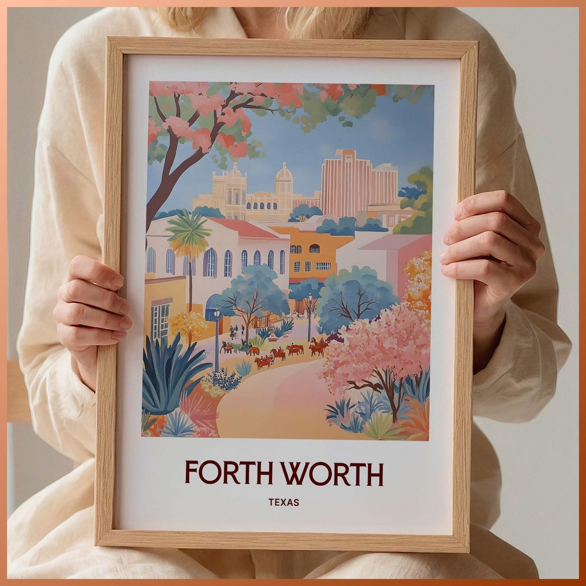 Fort Worth Texas Stockyards Longhorn Cattle Drive Travel Poster