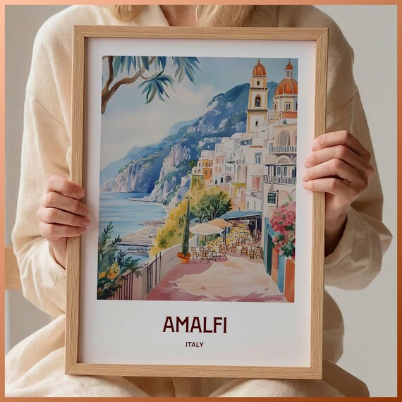 Amalfi Italy Cathedral Cliffs Cafe Terrace Watercolor Travel Poster