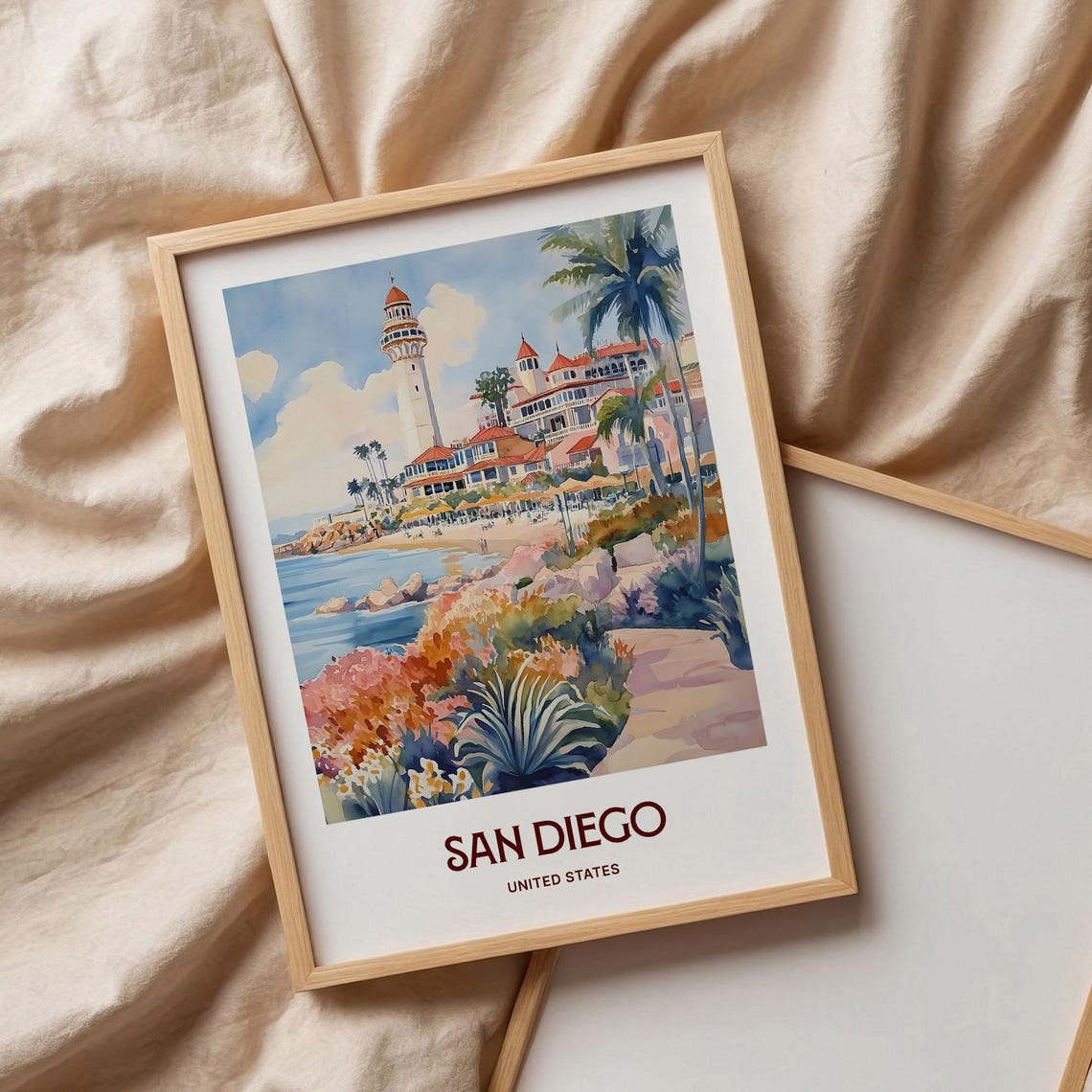 San Diego California Beach Lighthouse Watercolor Poster Palms - Image 3