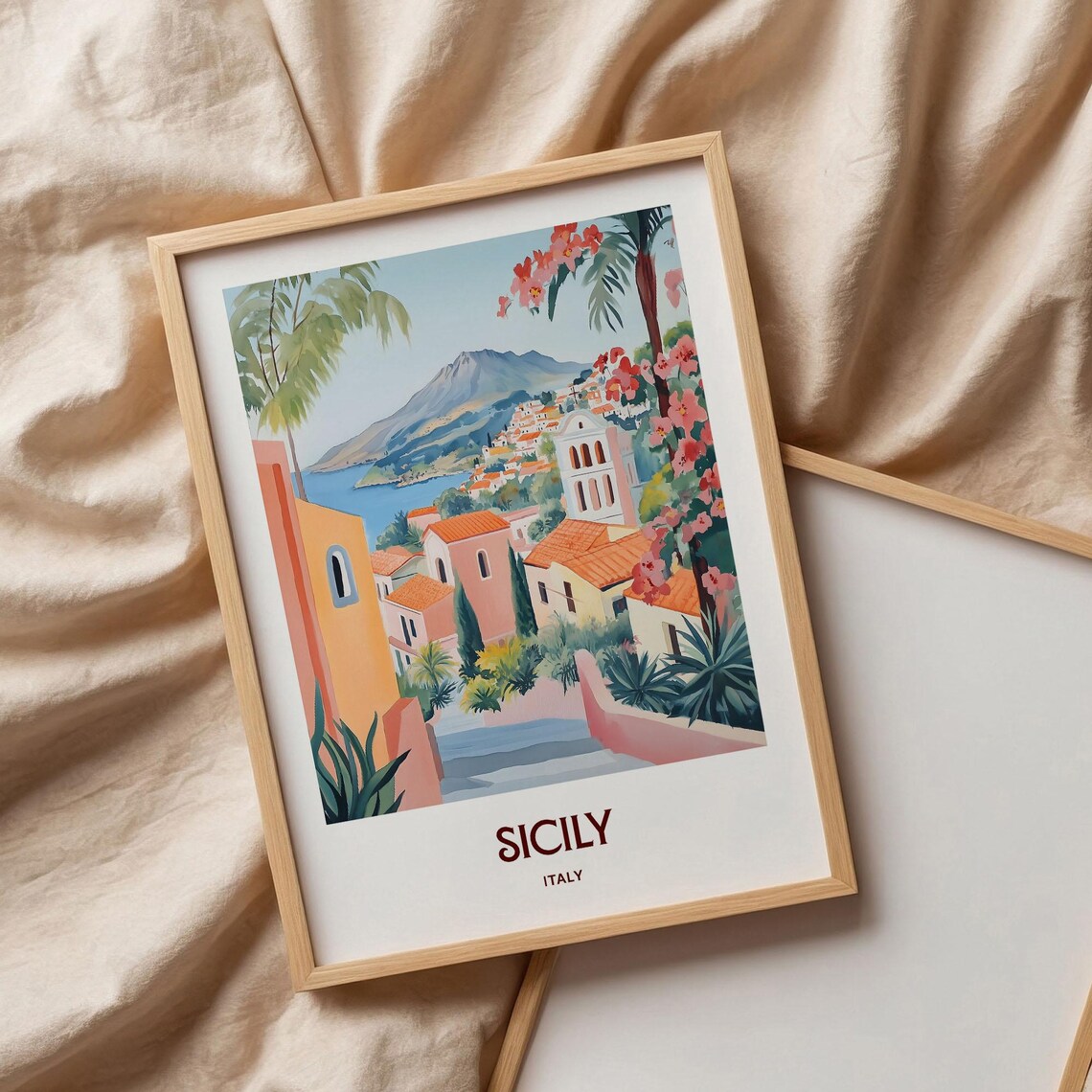 Sicily Italy Coastal Village Bell Tower Flowers Watercolor Travel Poster - Image 3