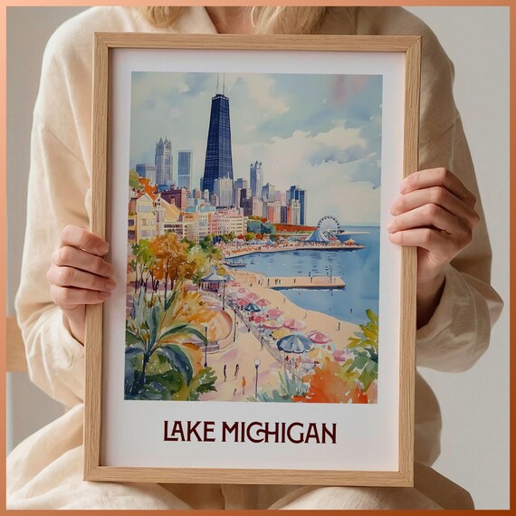 Lake Michigan Chicago Skyline Beach Watercolor Travel Poster