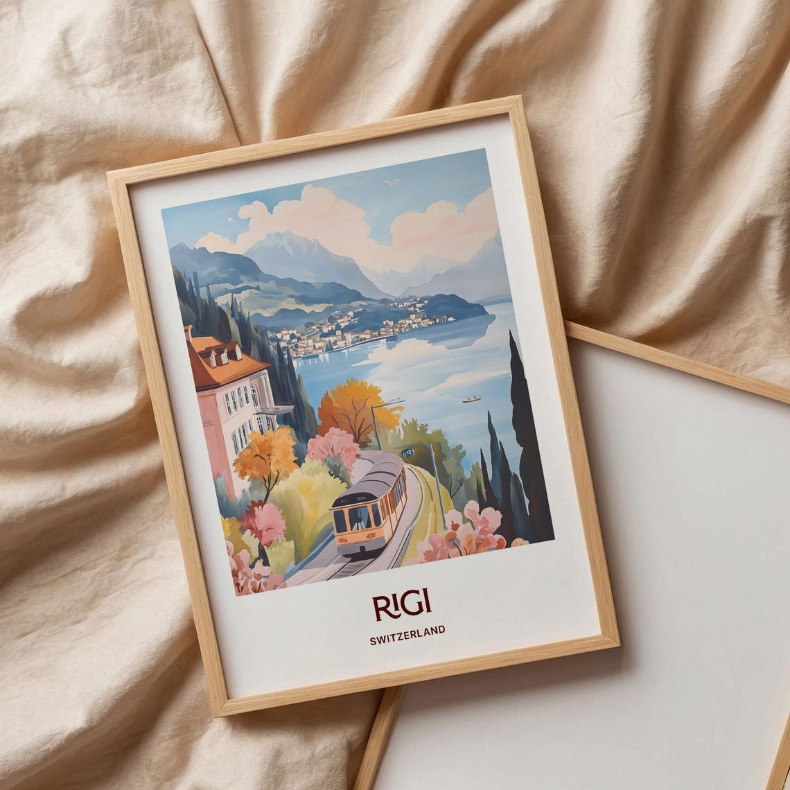 Rigi Switzerland Pastel Cogwheel Train Lake Mountain Scene Poster - Image 3