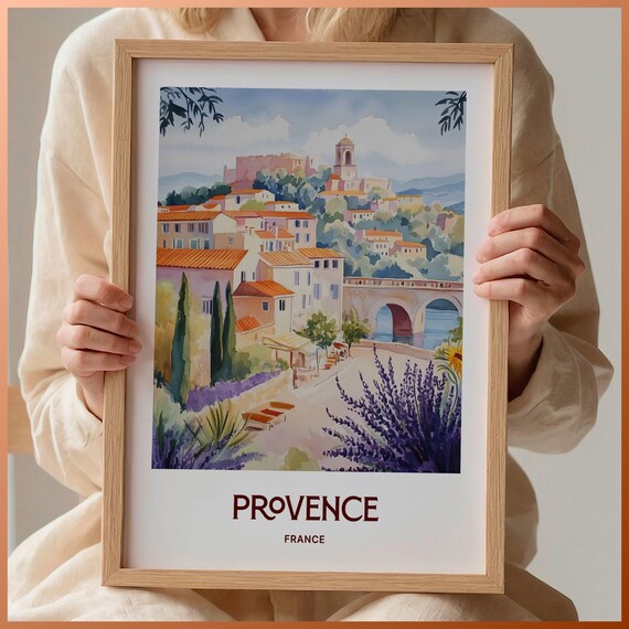 Provence France Lavender Village Bridge Watercolor Travel Poster