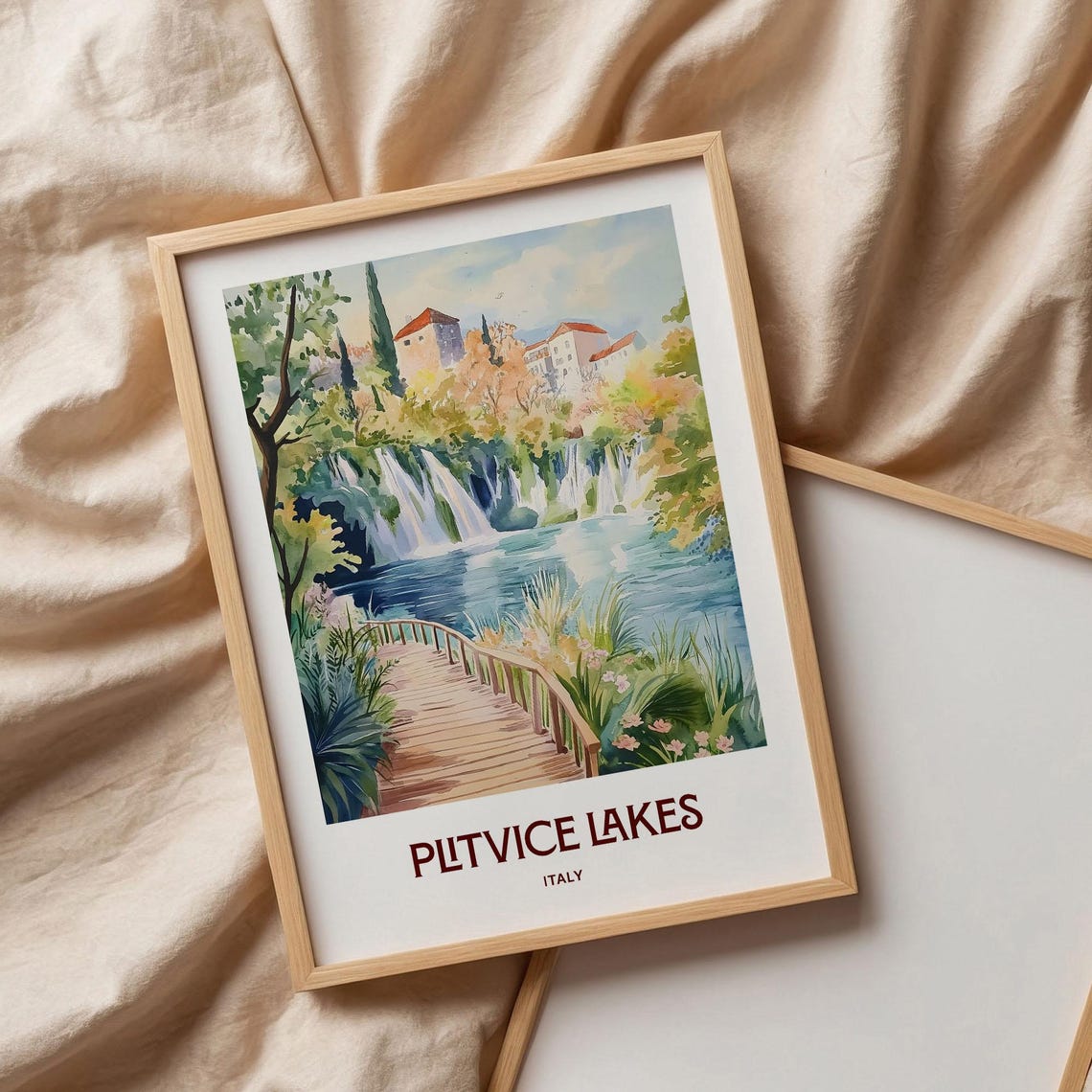 Plitvice Lakes Waterfall Boardwalk Watercolor Nature Travel Poster Art - Image 3