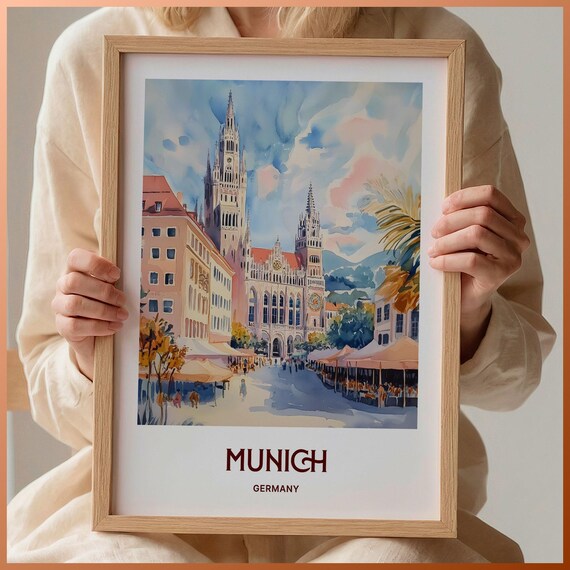 Munich Germany Marienplatz Town Hall Watercolor Travel Poster