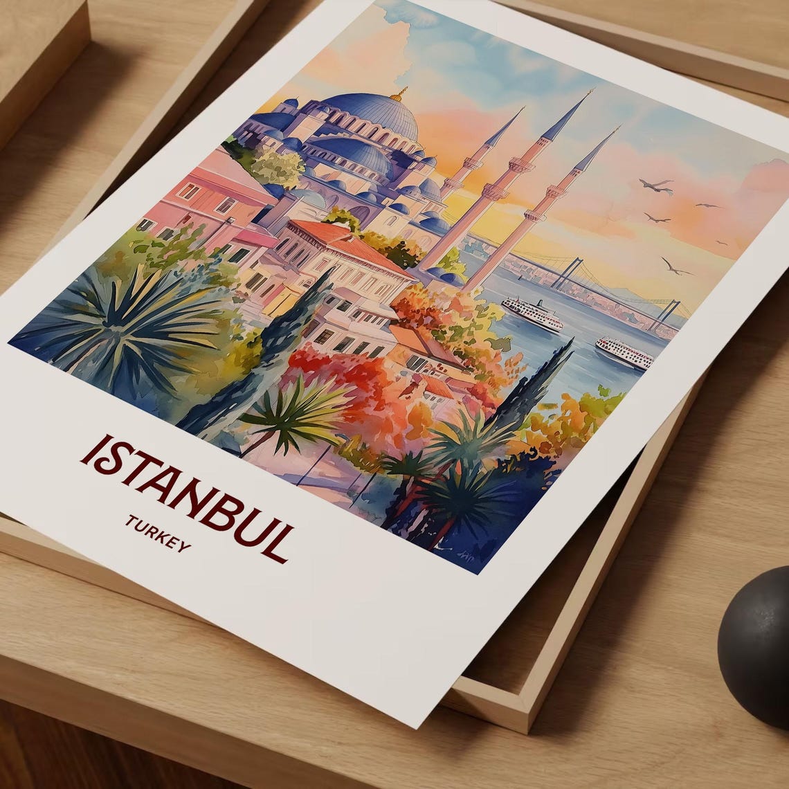 Istanbul Turkey Pastel Blue Mosque Bosphorus Watercolor Poster - Image 2