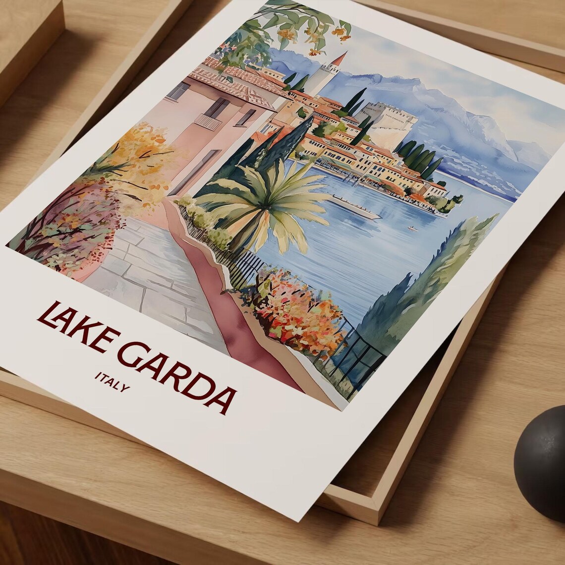 Lake Garda Italy Lakeside Village Mountain Watercolor Travel Poster - Image 2