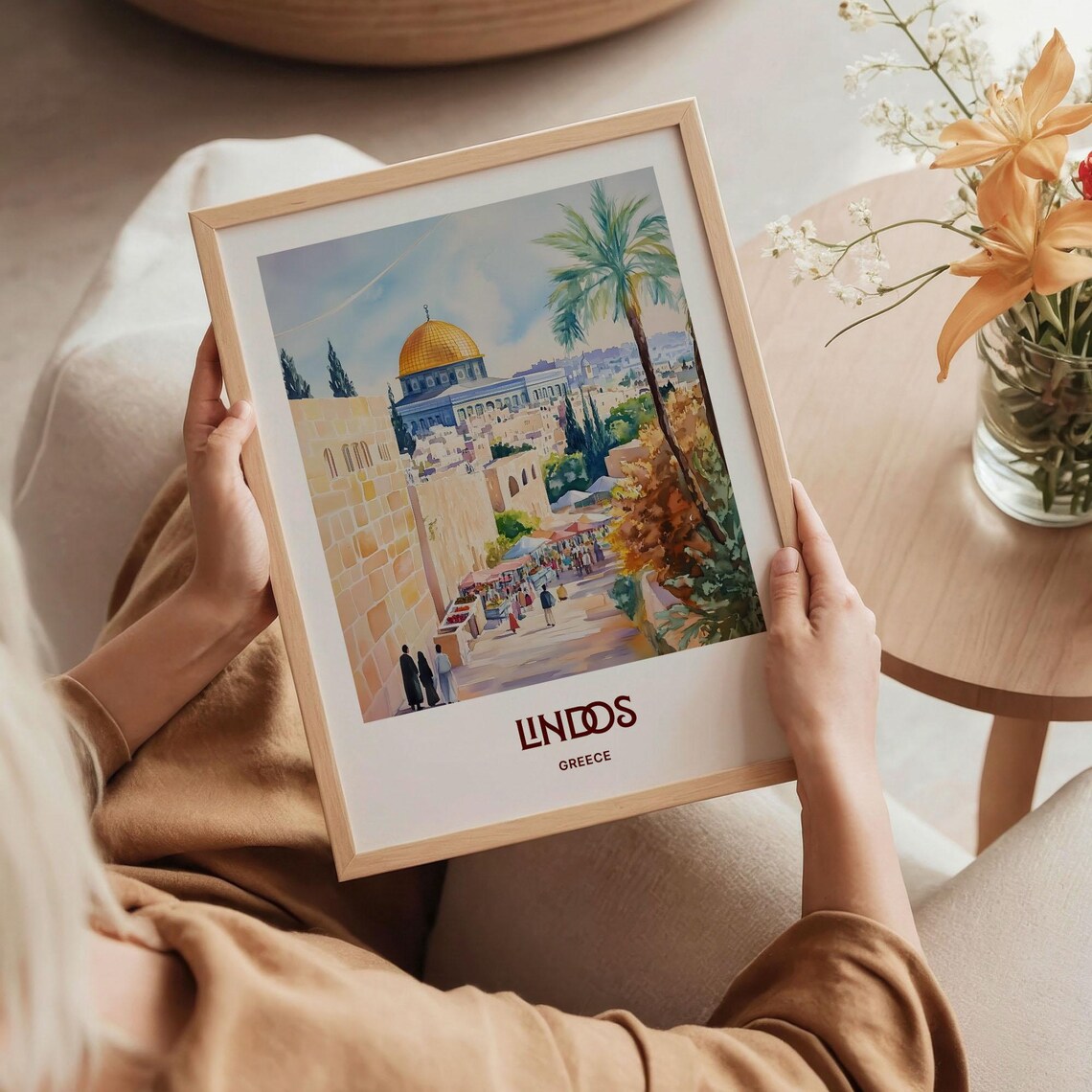 Lindos Greece Golden Dome Old Town Market Street Watercolor Poster - Image 5