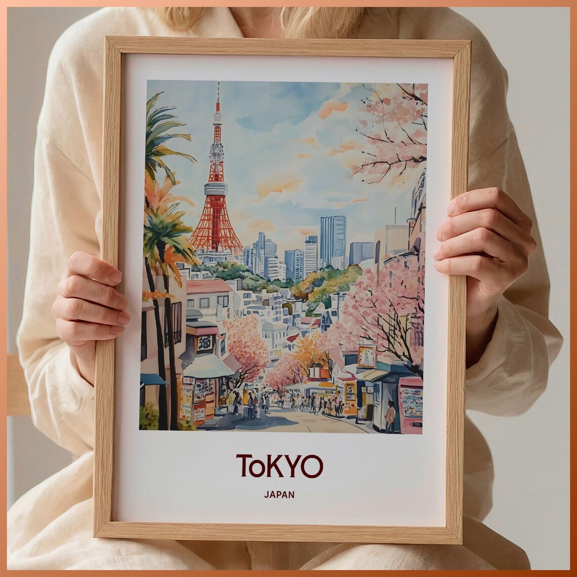 Tokyo Japan Tower Cherry Blossom Street Watercolor Travel Poster