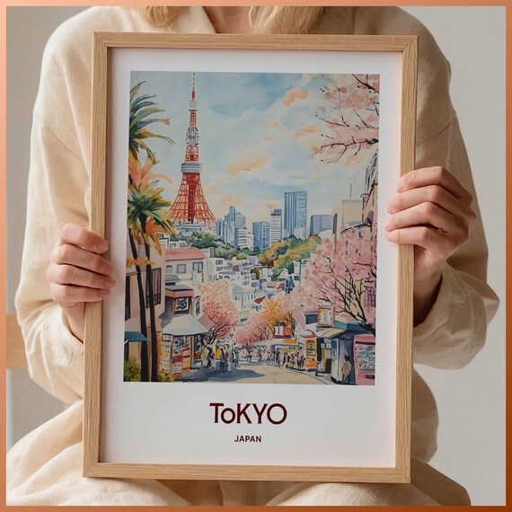 Tokyo Japan Tower Cherry Blossom Street Watercolor Travel Poster