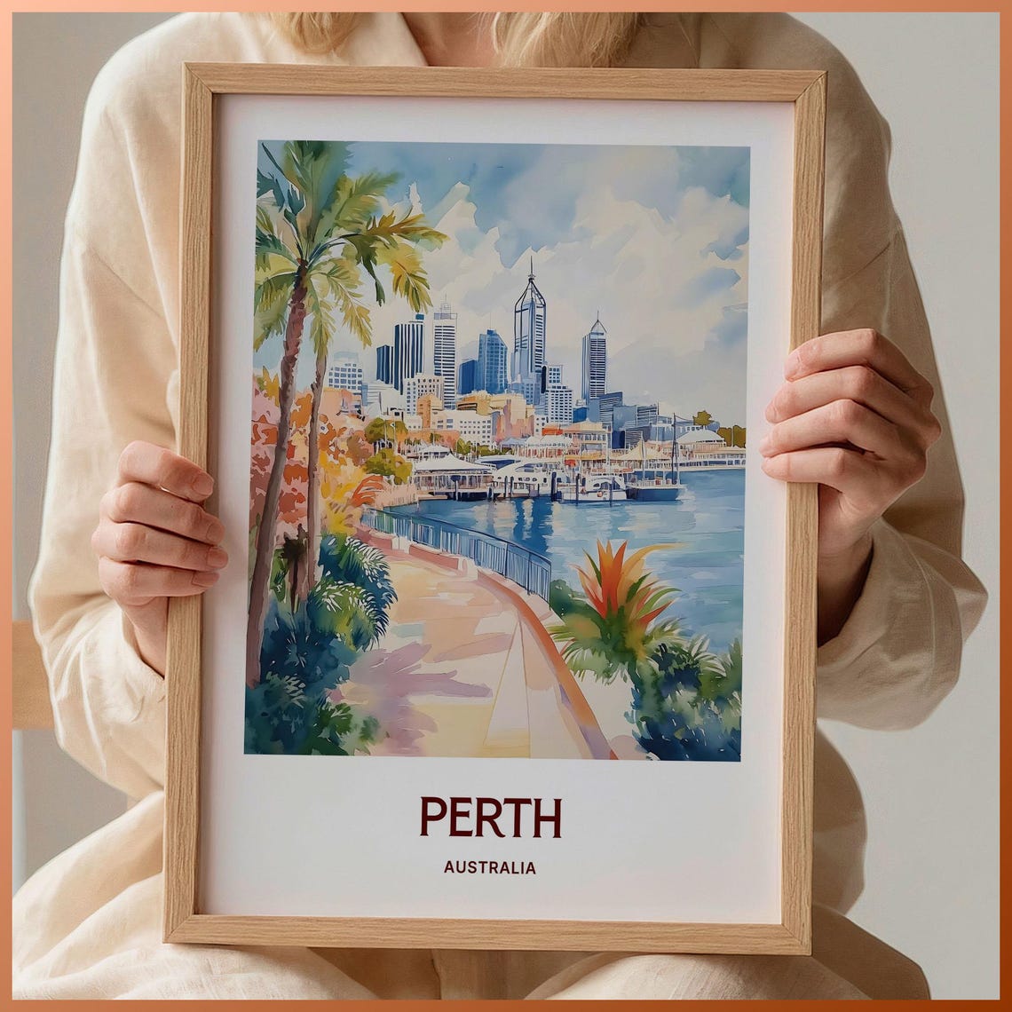 Perth Skyline Waterfront Swan River Watercolor Travel Poster