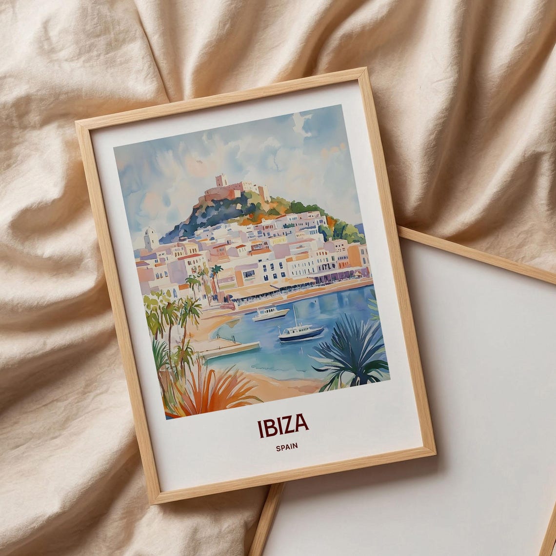 Ibiza Spain Whitewashed Old Town Harbor View Watercolor Poster - Image 3