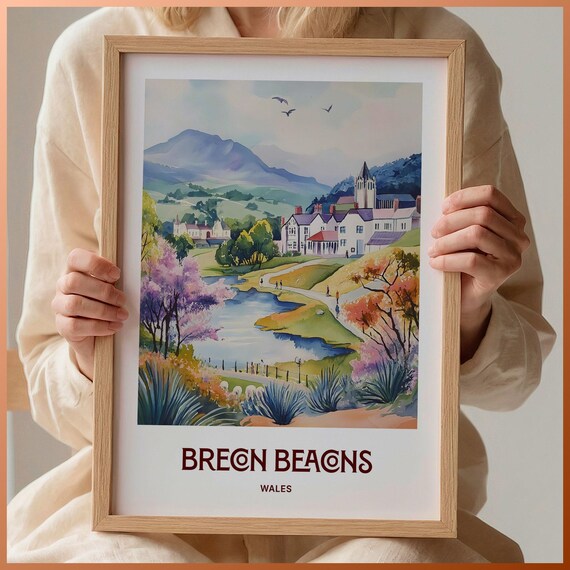Brecon Beacons Wales Village River Mountain Watercolor Travel Poster