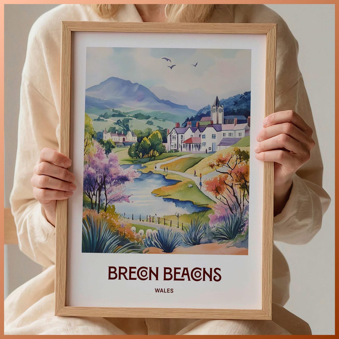 Brecon Beacons Wales Village River Mountain Watercolor Travel Poster