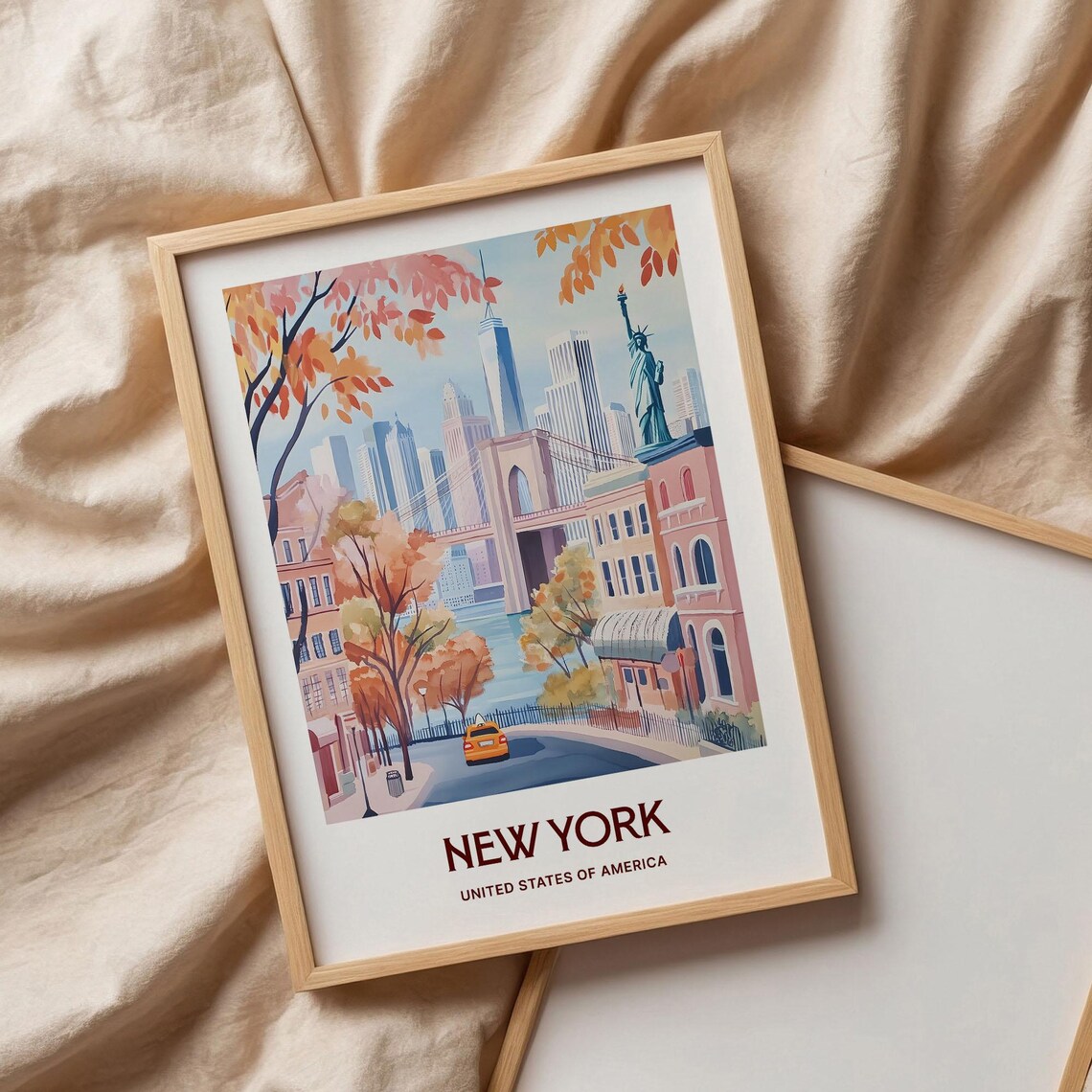 New York City Brooklyn Bridge Statue of Liberty Autumn Art Poster - Image 3
