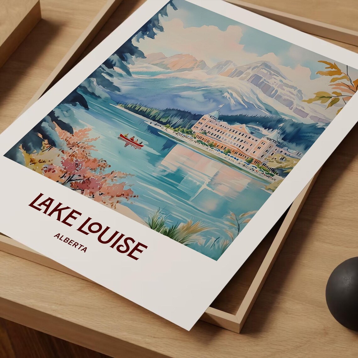 Lake Louise Alberta Canoe Mountain Lake Watercolor Art Poster - Image 2