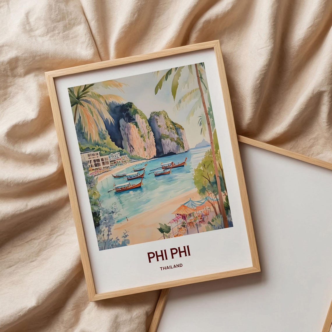 Phi Phi Thailand Longtail Boats Cliffs Watercolor Travel Poster