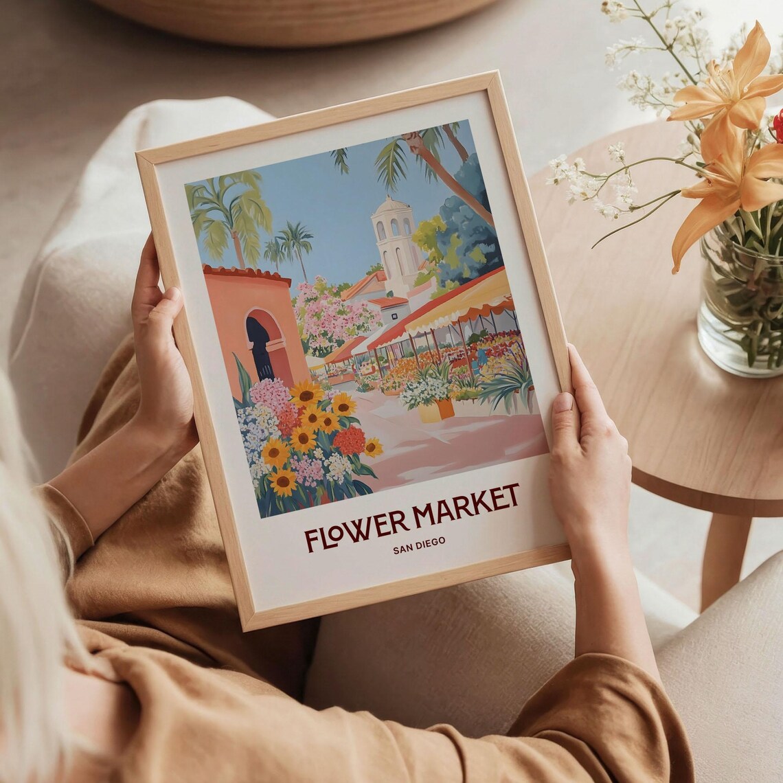 San Diego Flower Market Sunflower Stalls Watercolor Travel Poster - Image 5