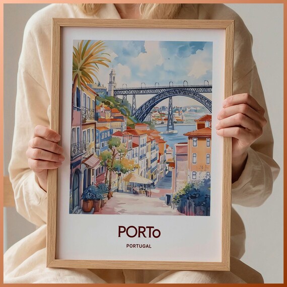 Porto Portugal Dom Luis Bridge Watercolor Poster Riverside Town