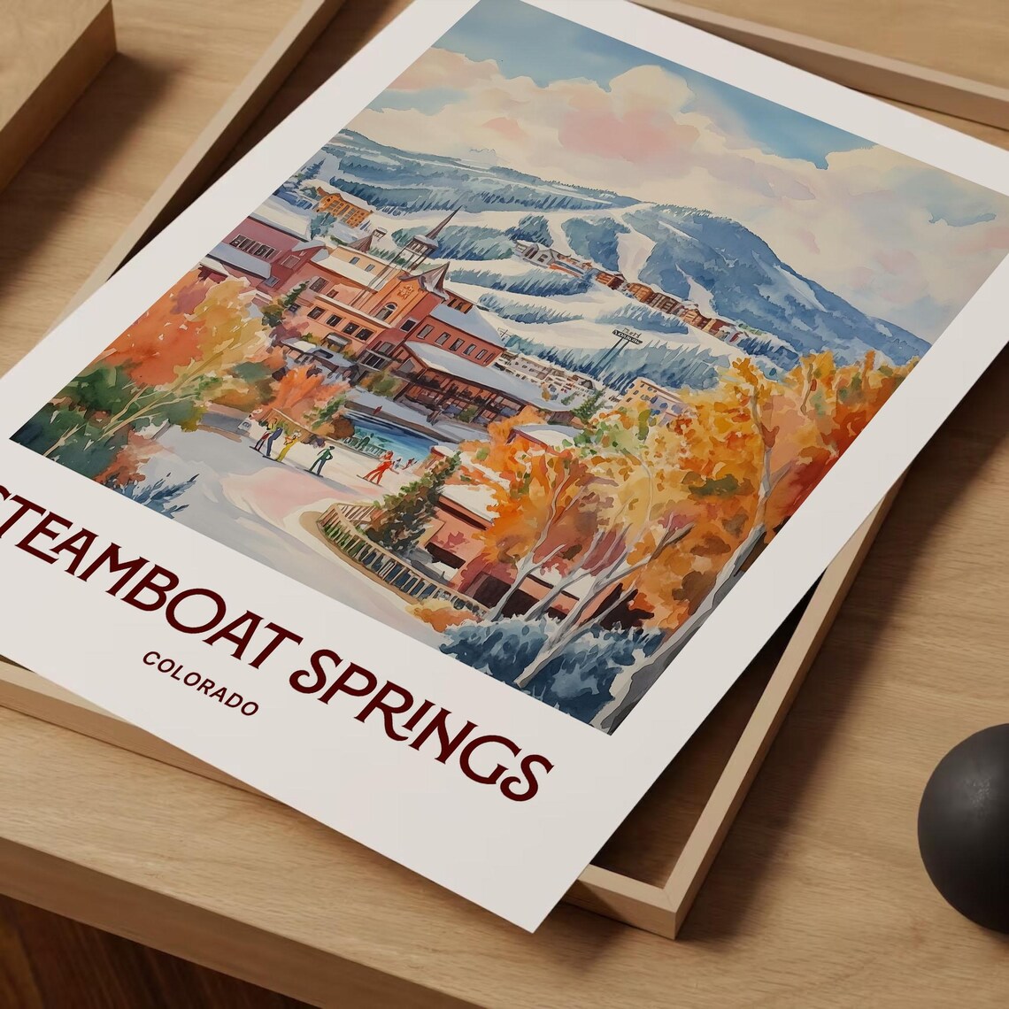 Steamboat Springs Colorado Ski Slopes Village Watercolor Winter Poster - Image 2