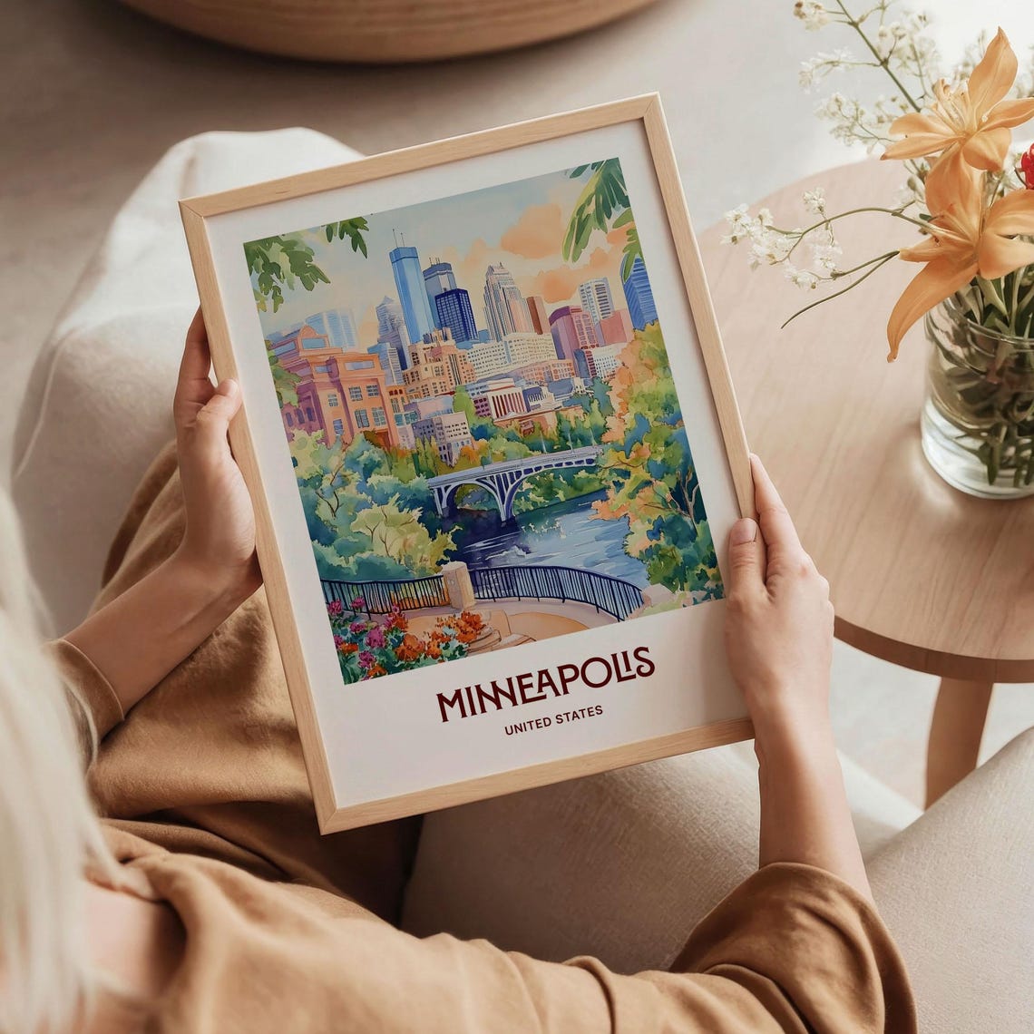 Minneapolis Minnesota Skyline River Bridge Watercolor Travel Poster - Image 5