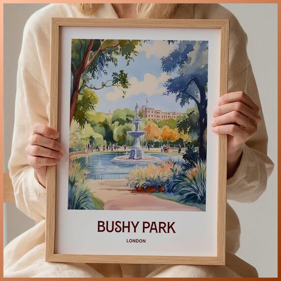 Bushy Park London Diana Fountain Pond Watercolor Garden Travel Poster