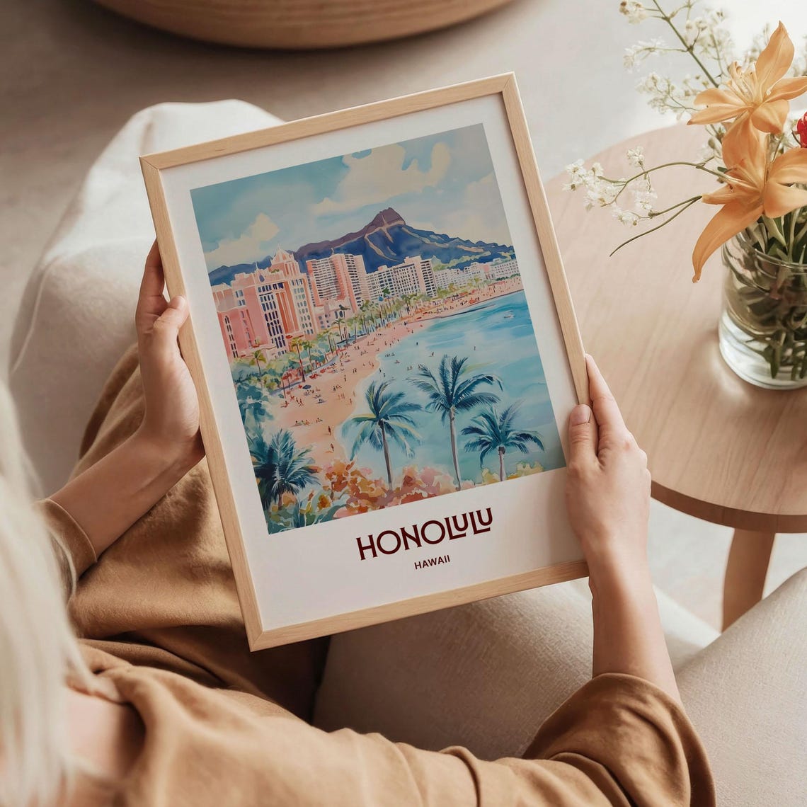 Honolulu Hawaii Waikiki Diamond Head Beach Watercolor Travel Poster - Image 5
