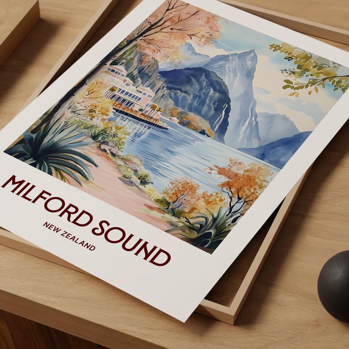 Milford Sound New Zealand Fjord Mountains Watercolor Travel Poster - Image 2