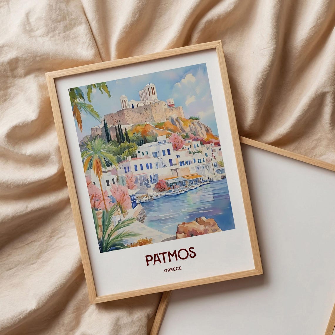 Patmos Greece Watercolor Aegean Island Harbor Monastery Poster - Image 3