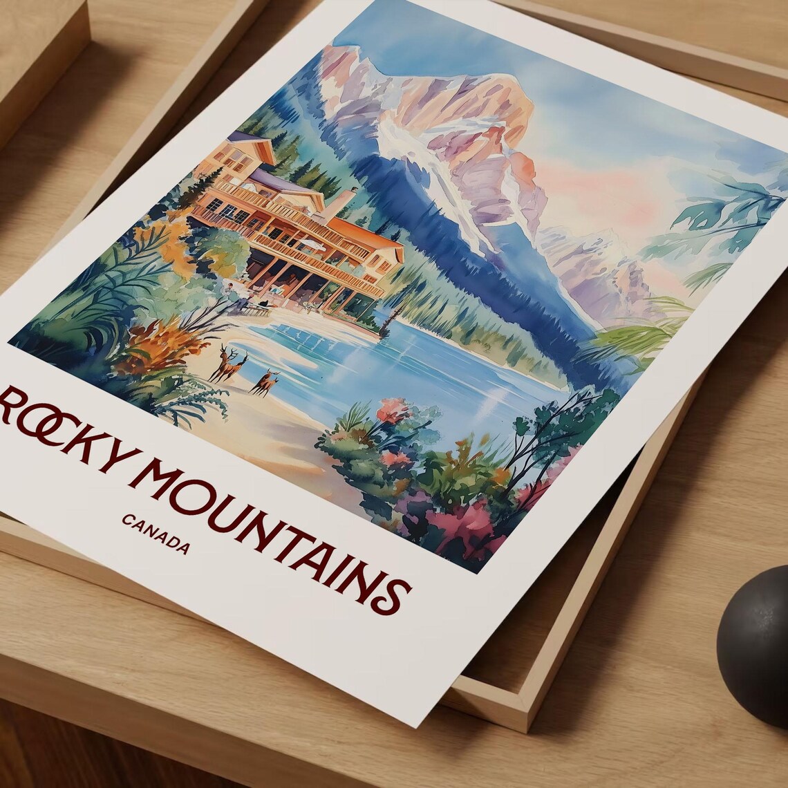 Canadian Rockies Lakeside Lodge Deer Watercolor Travel Poster Peaks - Image 2