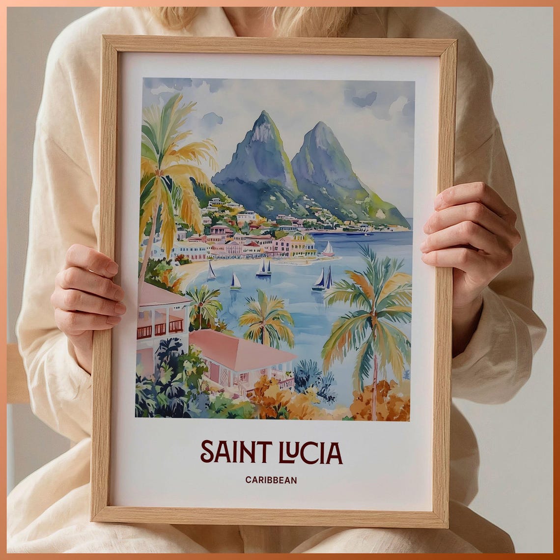 Saint Lucia Pitons Twin Peaks Caribbean Watercolor Travel Poster