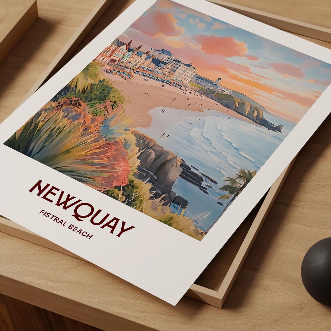 Newquay Fistral Beach Sunset Cornwall Watercolor Coastal Travel Poster - Image 2