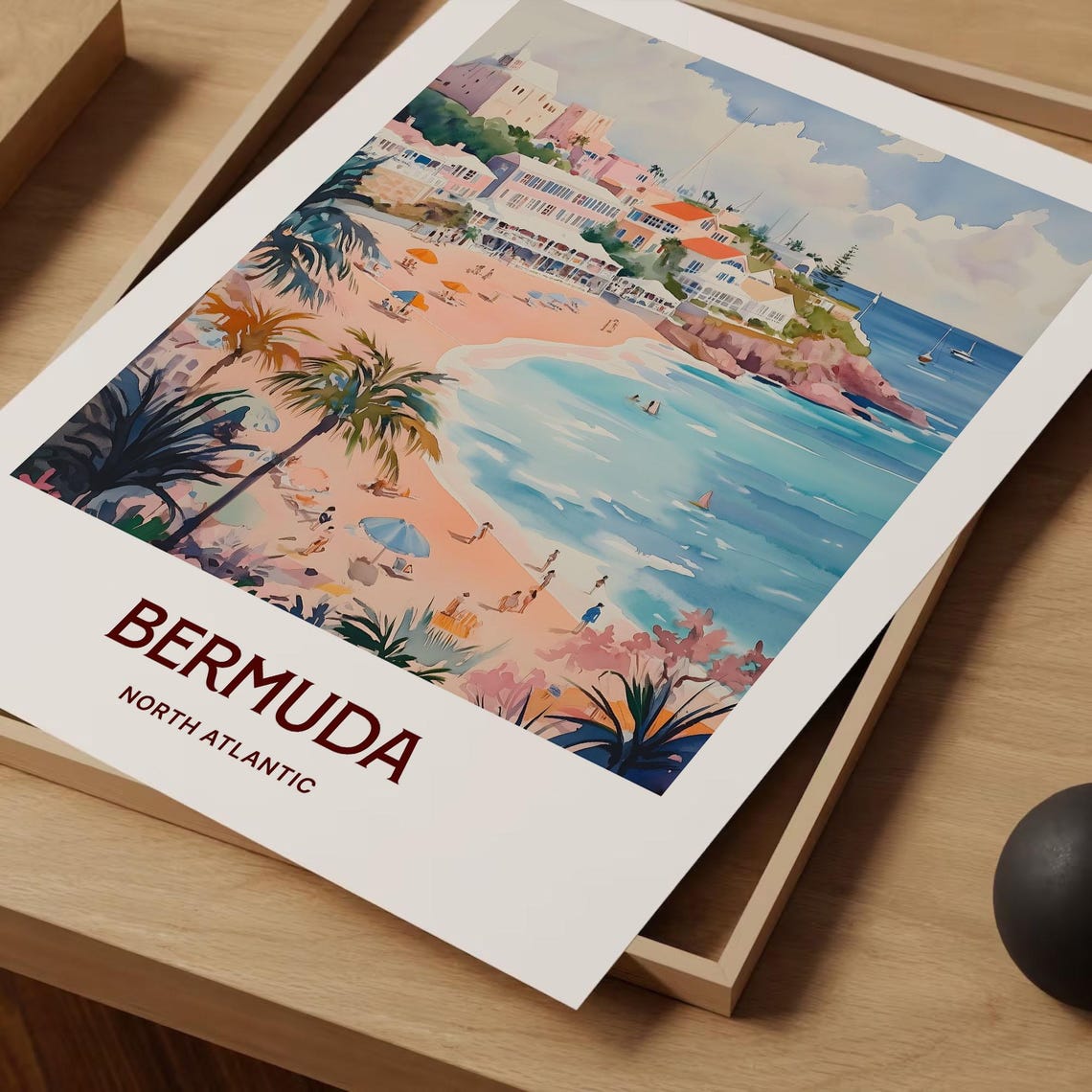 Bermuda North Atlantic Pink Sand Beach Palms Watercolor Island Poster - Image 2