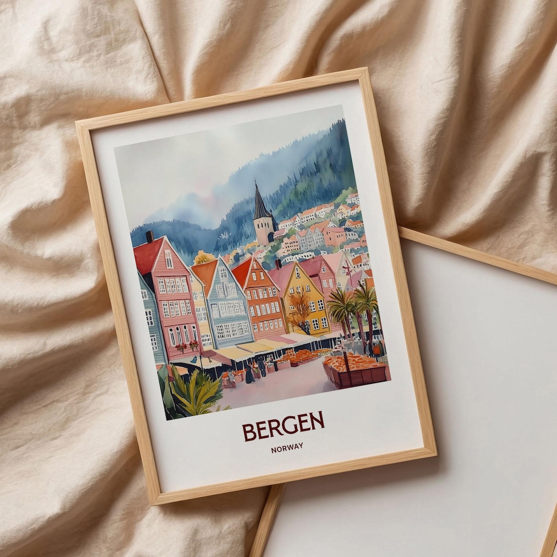 Bergen Bryggen Wharf Colorful Houses Norway Watercolor Poster - Image 3