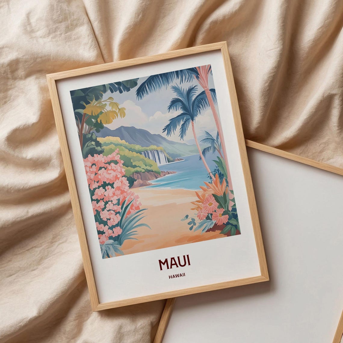 Maui Hawaii Tropical Beach Waterfall Palm Trees Oasis Art Poster - Image 3