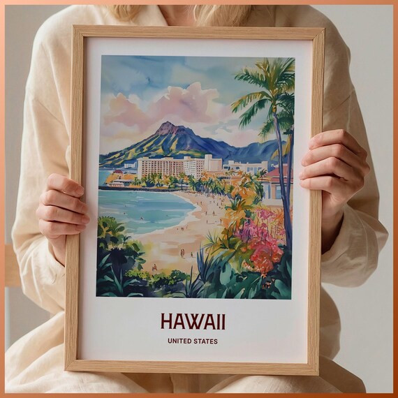 Hawaii Waikiki Beach Diamond Head Volcano Watercolor Travel Poster