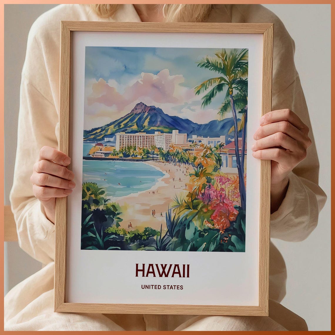 Hawaii Waikiki Beach Diamond Head Volcano Watercolor Travel Poster