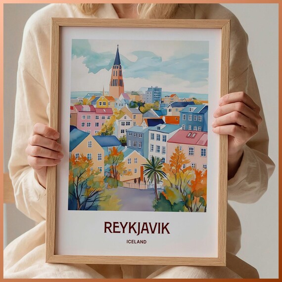 Reykjavik Iceland Hallgrimskirkja Colorful Houses Watercolor City Poster