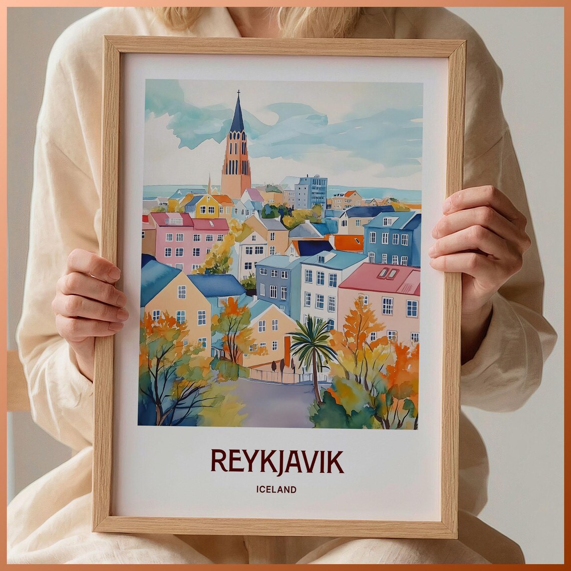 Reykjavik Iceland Hallgrimskirkja Colorful Houses Watercolor City Poster