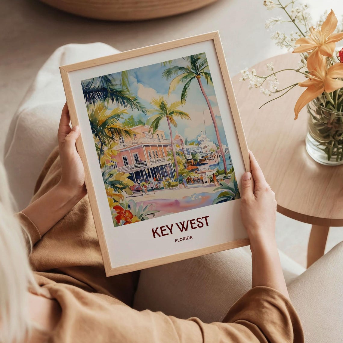 Key West Florida Palm Street Waterfront Watercolor Travel Poster - Image 5