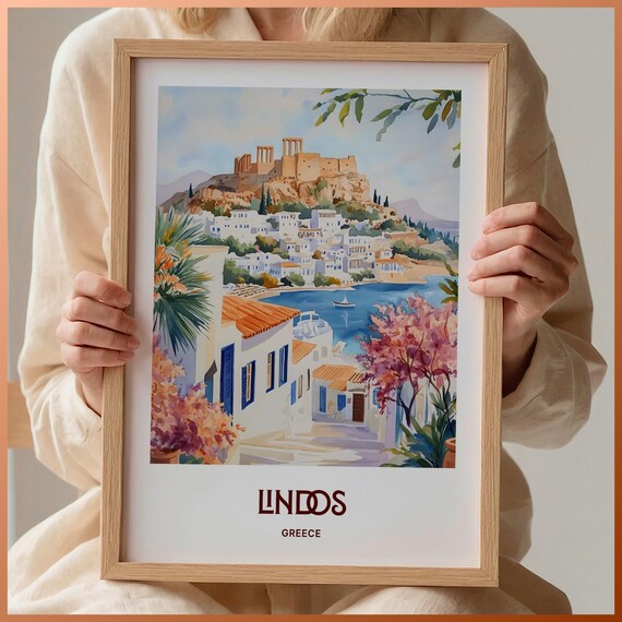 Lindos Rhodes Greece Watercolor Acropolis Harbor Town Poster