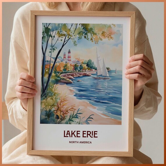 Lake Erie North America Lighthouse Sailboat Watercolor Shore Poster