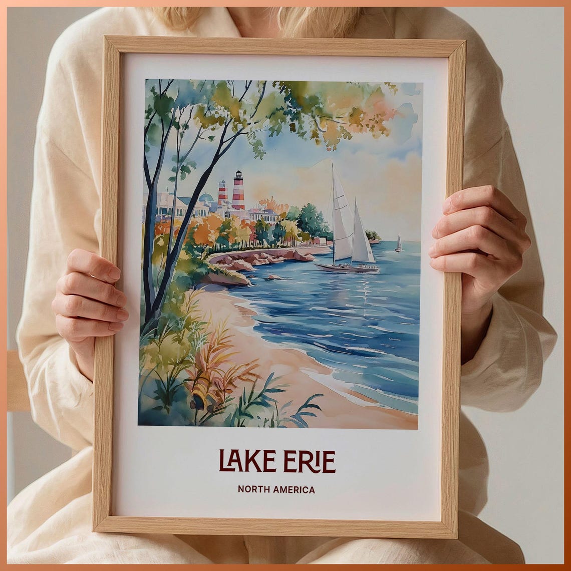 Lake Erie North America Lighthouse Sailboat Watercolor Shore Poster