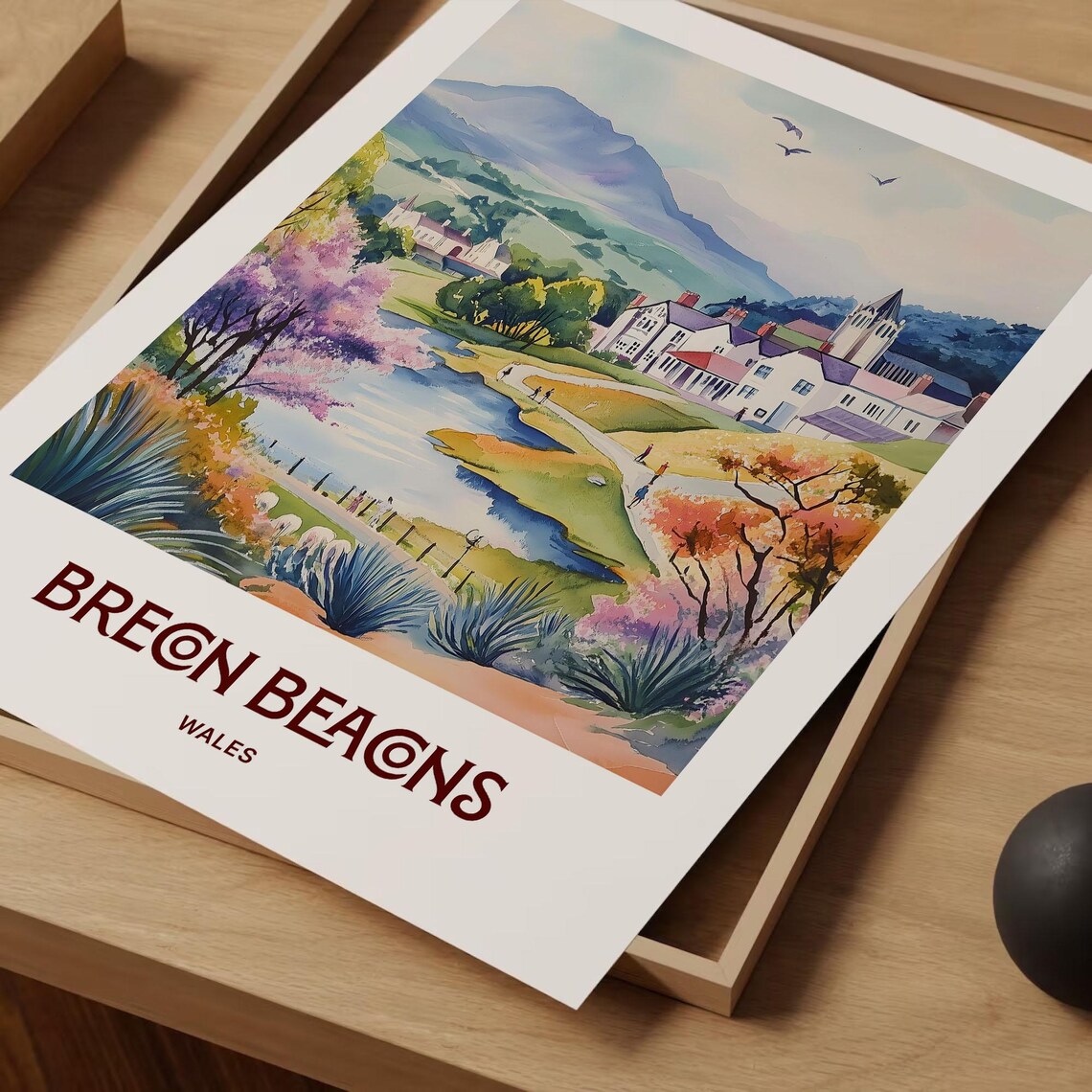 Brecon Beacons Wales Village River Mountain Watercolor Travel Poster - Image 2