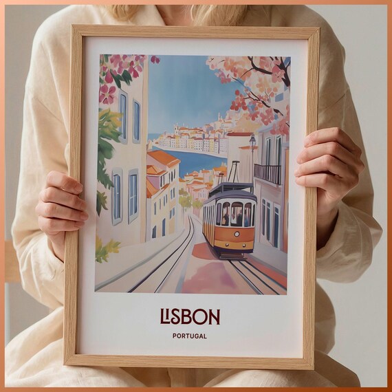 Lisbon Portugal Tram Hill Street Watercolor Travel Poster Gift