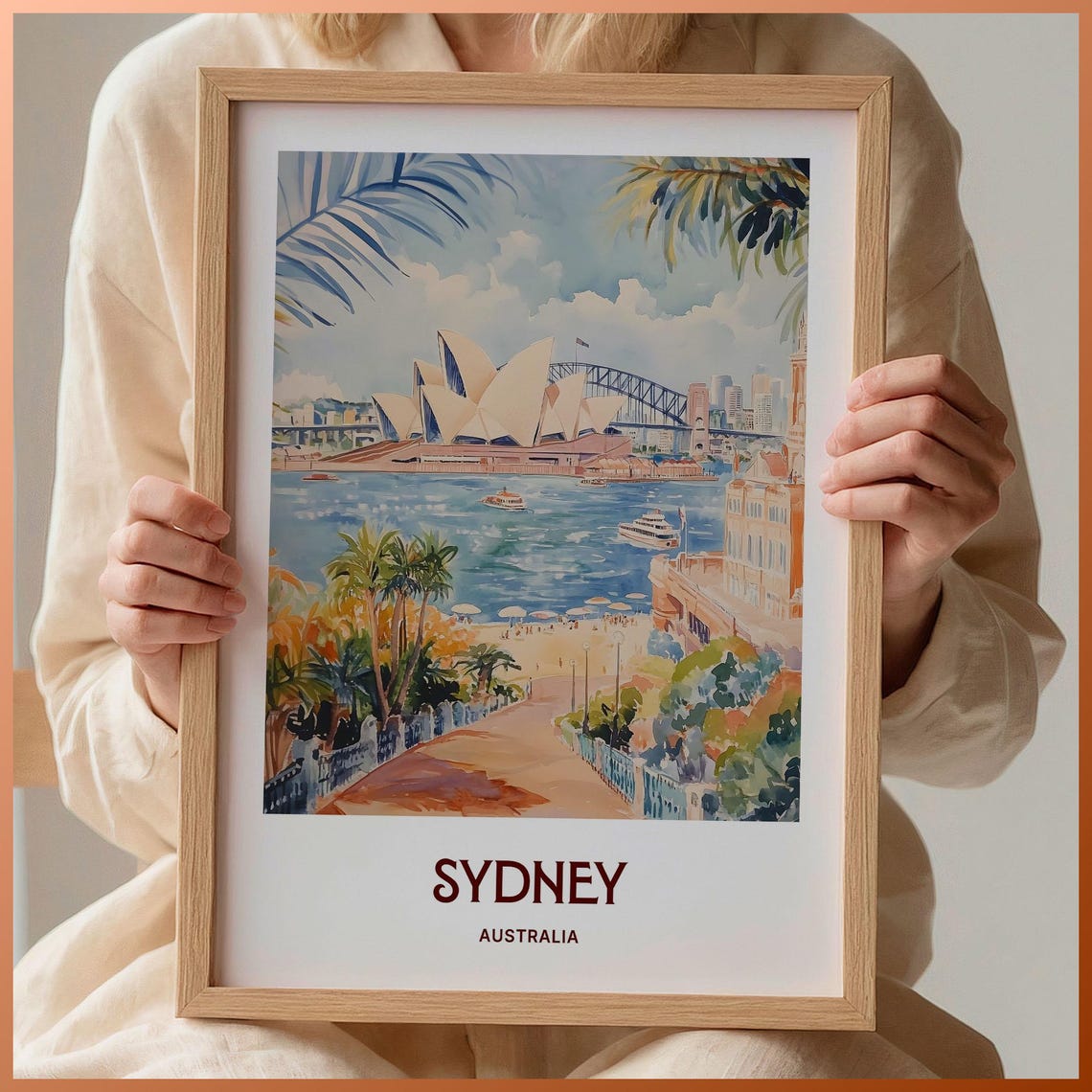 Sydney Australia Opera House Harbour Watercolor Retro Travel Poster