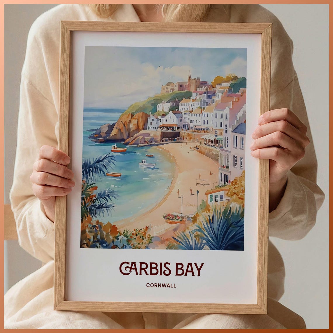 Carbis Bay Cornwall Beach Boats Harbor Watercolor Travel Poster