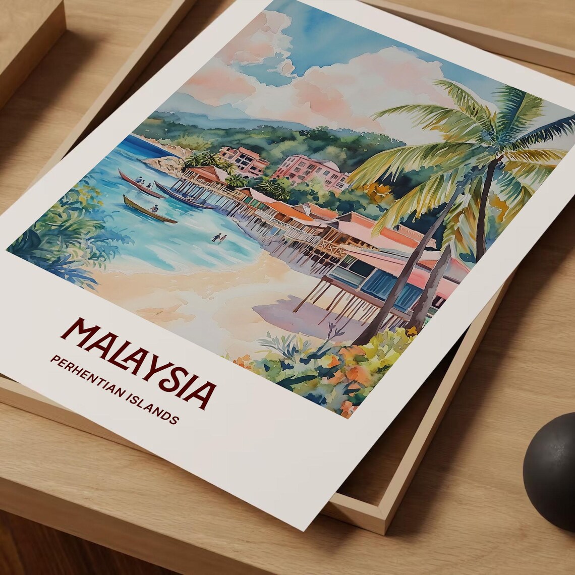 Perhentian Islands Malaysia Beach Huts Watercolor Tropical Travel Poster - Image 2